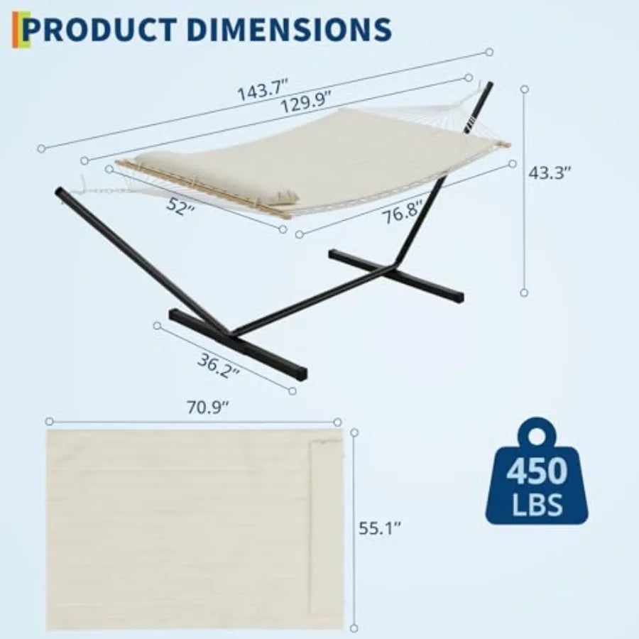 Hammock with Stand for Outside 2-Person Outdoor Portable Hammock 475lb Capacity + Breathable Cotton Rope Quilted Pad for Outsid