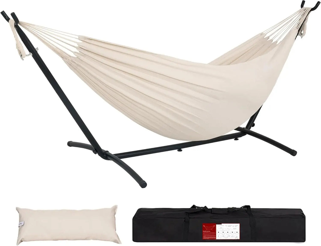 Double Hammock with 9ft Steel Stand and Carrying Case, 450lb Capacity, Natural Color